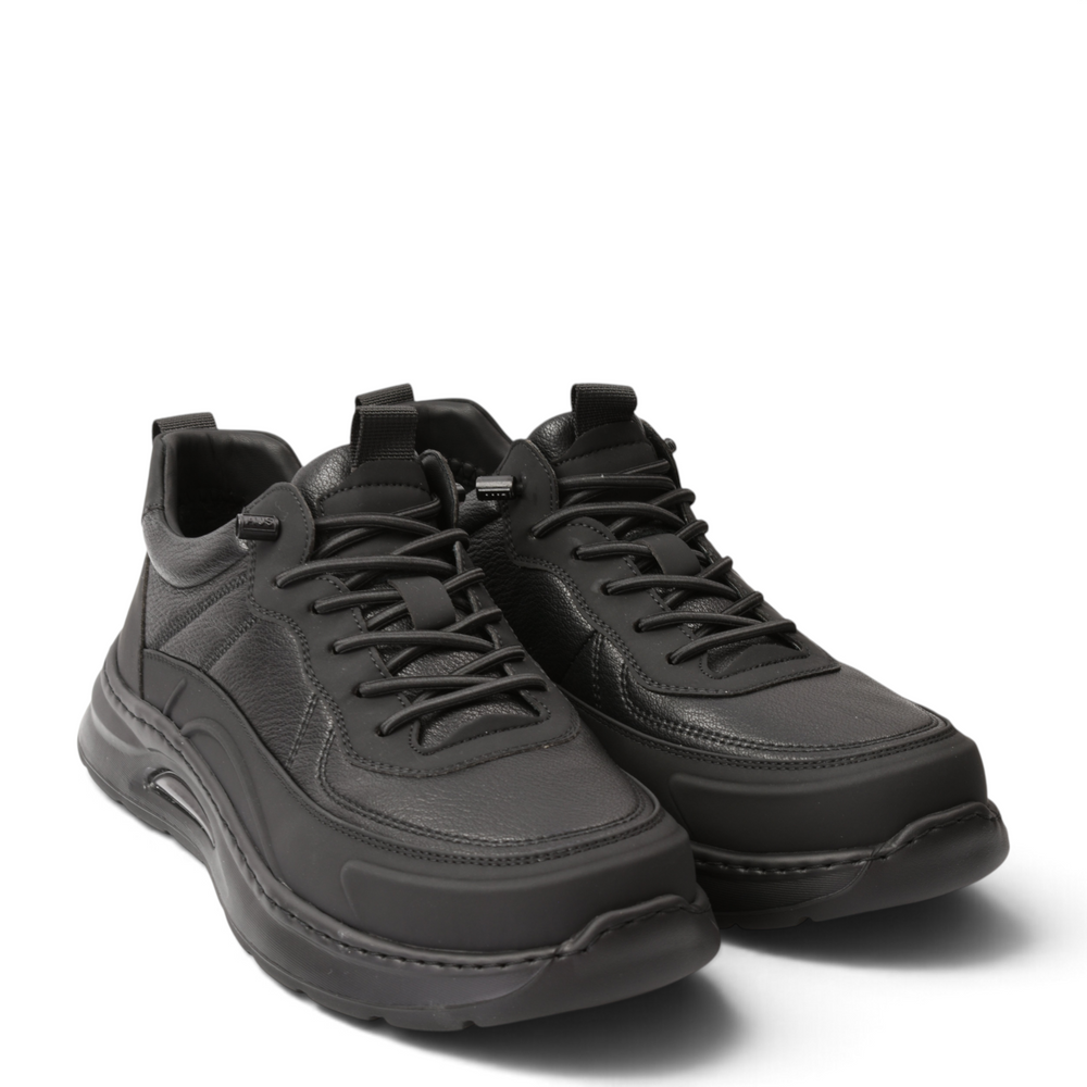 ada-shoes.ro black leather high-top sneakers with lace-up closure, matte protective trim, and cushioned sport soles.