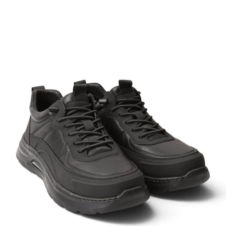 ada-shoes.ro black leather high-top sneakers with lace-up closure, matte protective trim, and cushioned sport soles.