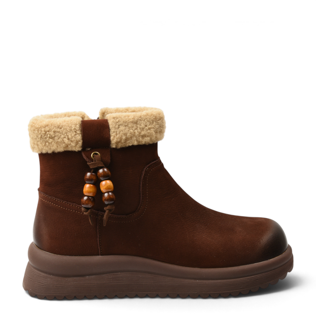 ada-shoes.ro brown suede ankle boots with faux fur collar, wooden bead accents, and a thick platform sole.