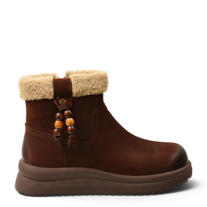 ada-shoes.ro brown suede ankle boots with faux fur collar, wooden bead accents, and a thick platform sole.