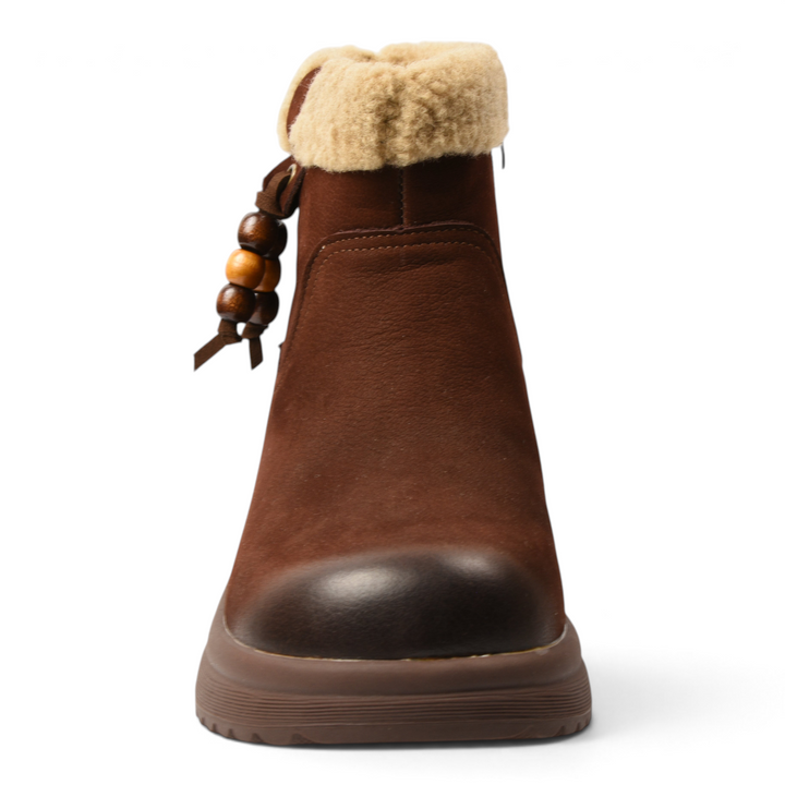 ada-shoes.ro brown suede ankle boots with faux fur collar, wooden bead accents, and thick sole, front view