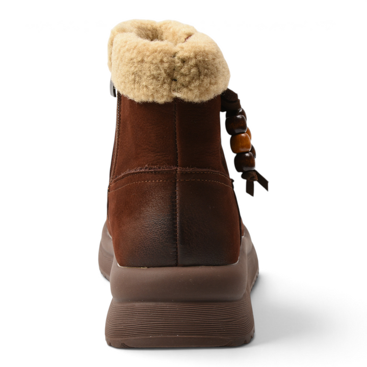 ada-shoes.ro brown suede ankle boots with faux fur collar, wooden bead accents, and thick platform sole, rear view