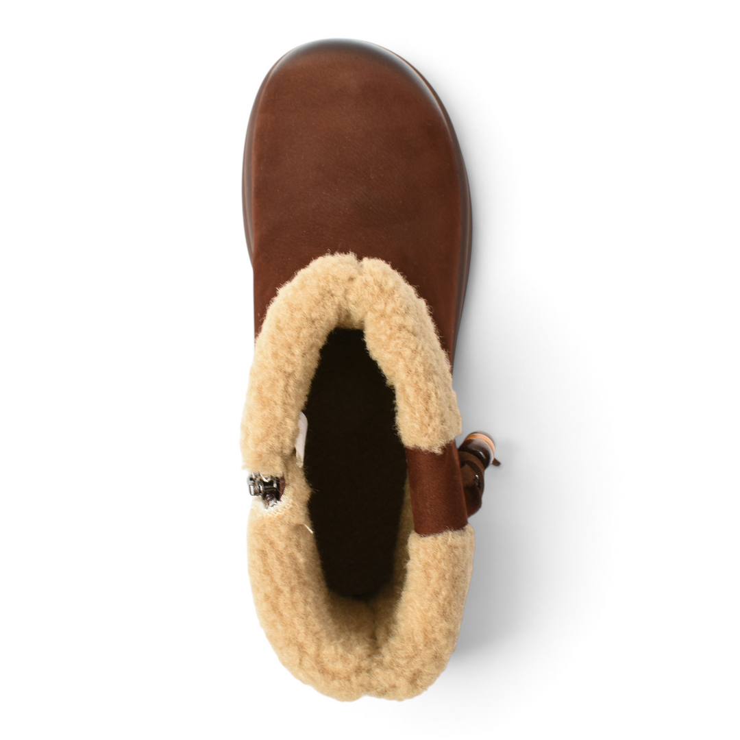 ada-shoes.ro brown suede ankle boots with soft faux fur lining and wooden bead details, top view
