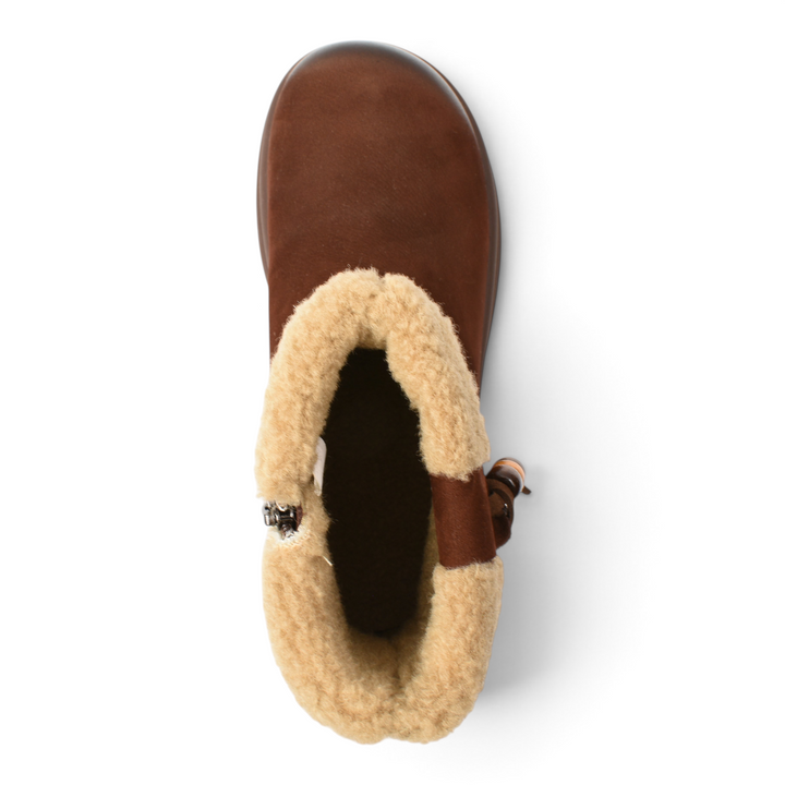 ada-shoes.ro brown suede ankle boots with soft faux fur lining and wooden bead details, top view
