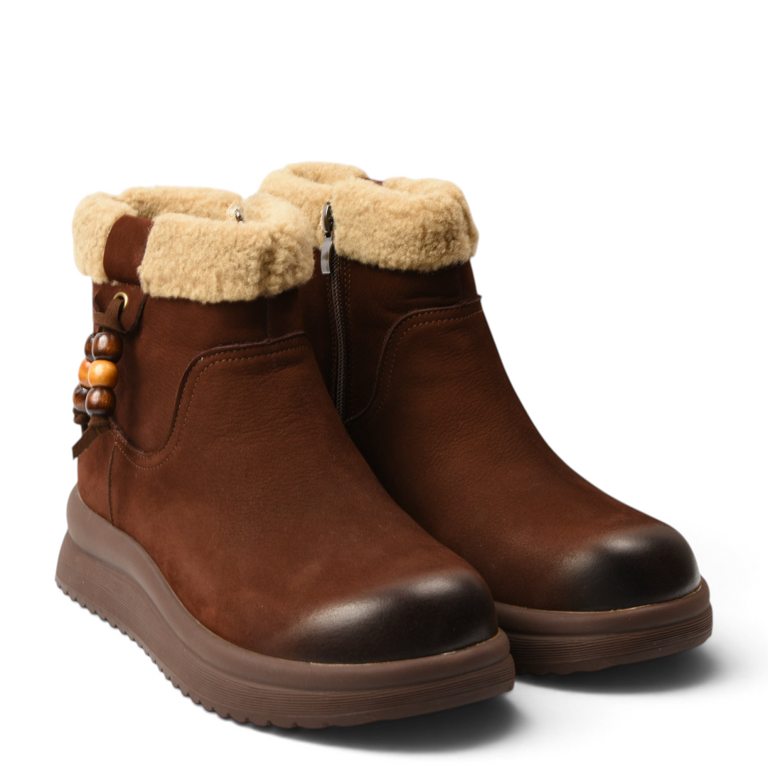 ada-shoes.ro brown suede ankle boots with faux fur collar, wooden bead accents, and thick platform sole.
