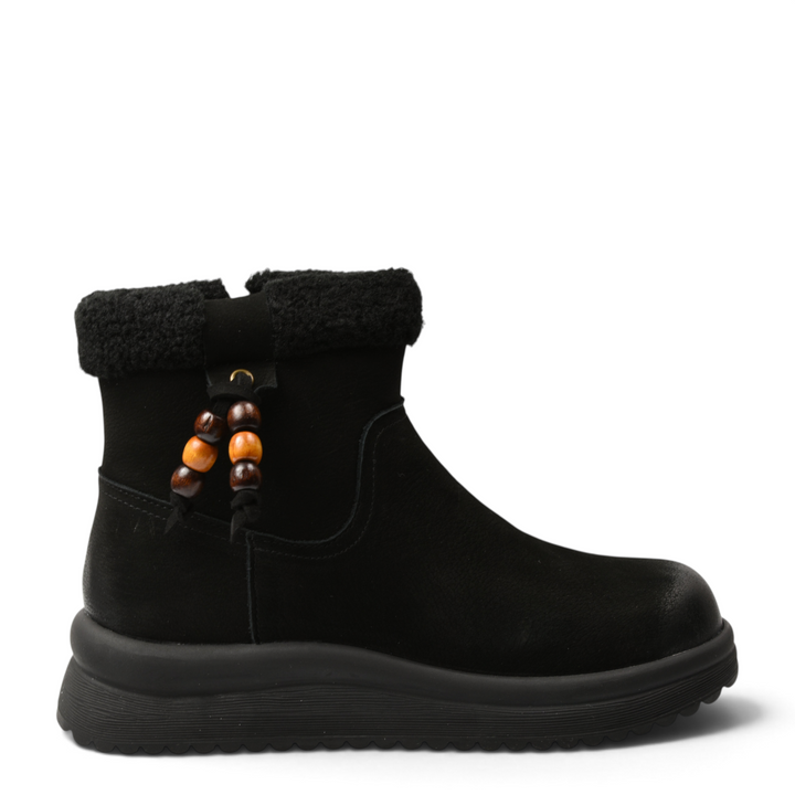 ada-shoes.ro black suede ankle boots with faux fur collar, wooden bead accents, and thick platform sole