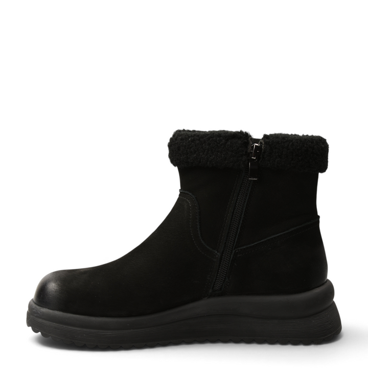 ada-shoes.ro black suede ankle boots with faux fur collar, side zipper, and thick platform sole