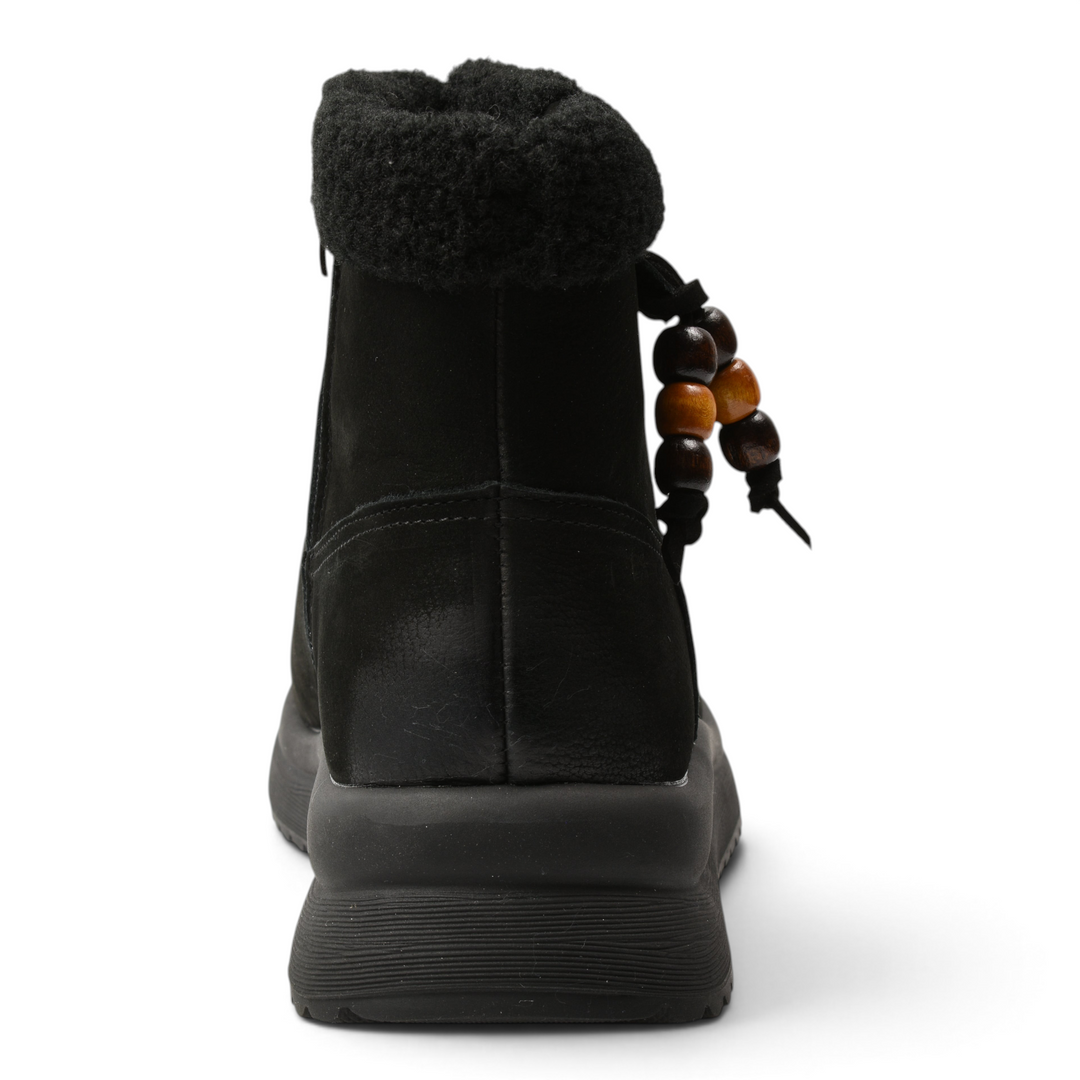 ada-shoes.ro black suede ankle boots with faux fur collar and wooden bead details, back view