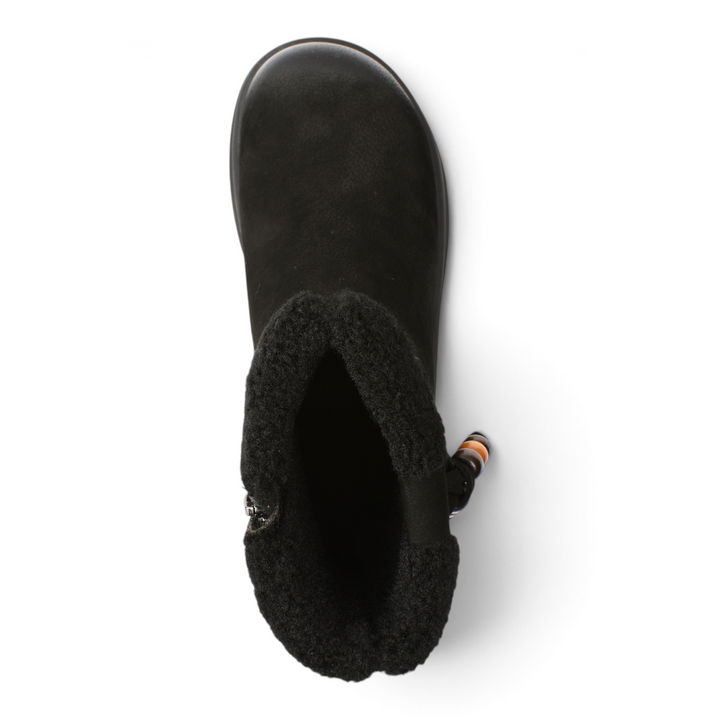 ada-shoes.ro black suede ankle boots with faux fur collar and decorative wooden beads, top view