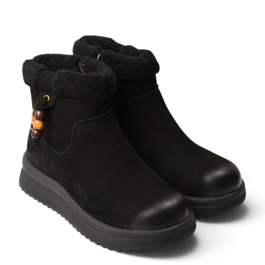 ada-shoes.ro black suede ankle boots with faux fur collar and decorative wooden beads on a thick platform sole