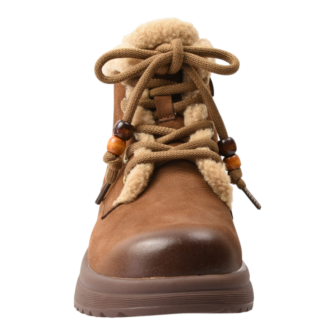 ada-shoes.ro brown suede ankle boots with faux fur lining, wooden bead details on laces, and a thick rubber sole.