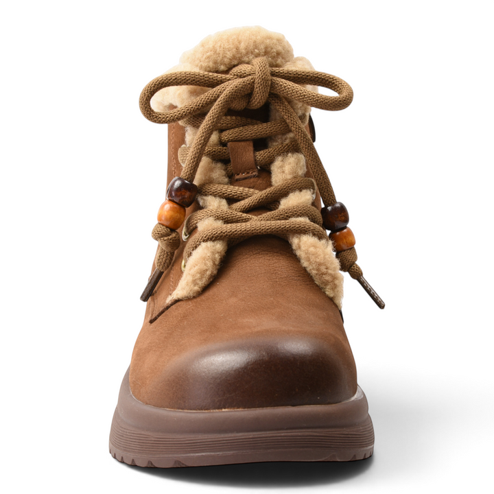 ada-shoes.ro brown suede ankle boots with faux fur lining, wooden bead details on laces, and a thick rubber sole.