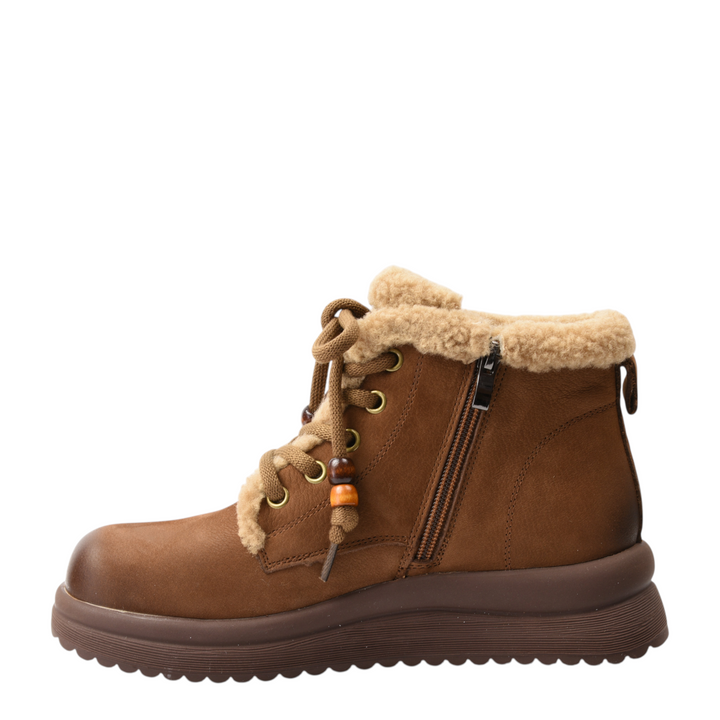 ada-shoes.ro brown suede ankle boots with faux fur collar, wooden bead lace details, and thick sole, side view