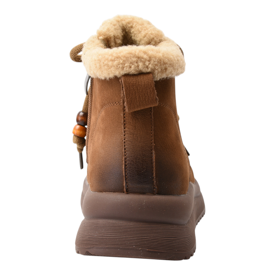 ada-shoes.ro brown suede ankle boots with faux fur lining, wooden bead details on laces, and thick rubber sole