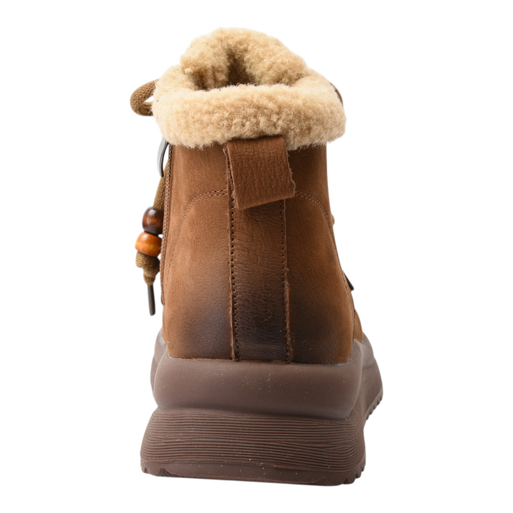 ada-shoes.ro brown suede ankle boots with faux fur lining, wooden bead details on laces, and thick rubber sole