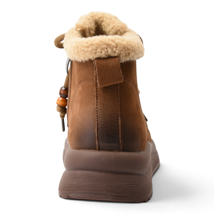 ada-shoes.ro brown suede ankle boots with faux fur lining, wooden bead details on laces, and thick rubber sole