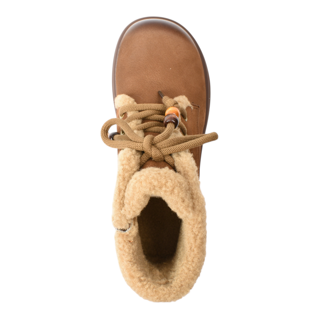 ada-shoes.ro brown suede ankle boots with soft faux fur lining, wooden bead details on laces, and a thick sole.