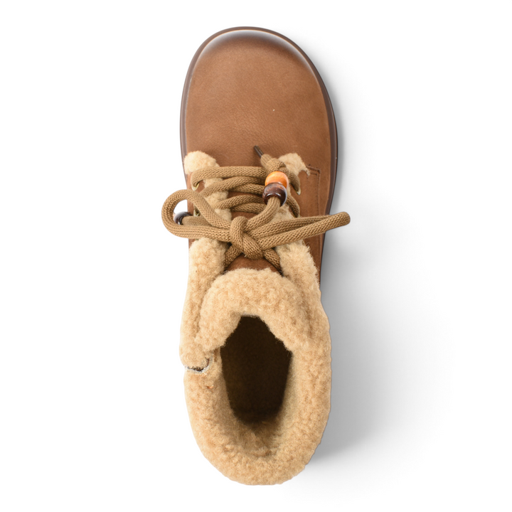 ada-shoes.ro brown suede ankle boots with soft faux fur lining, wooden bead details on laces, and a thick sole.