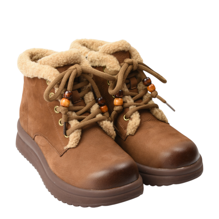ada-shoes.ro brown suede ankle boots with soft faux fur lining, lace-up closure, and decorative wooden beads.