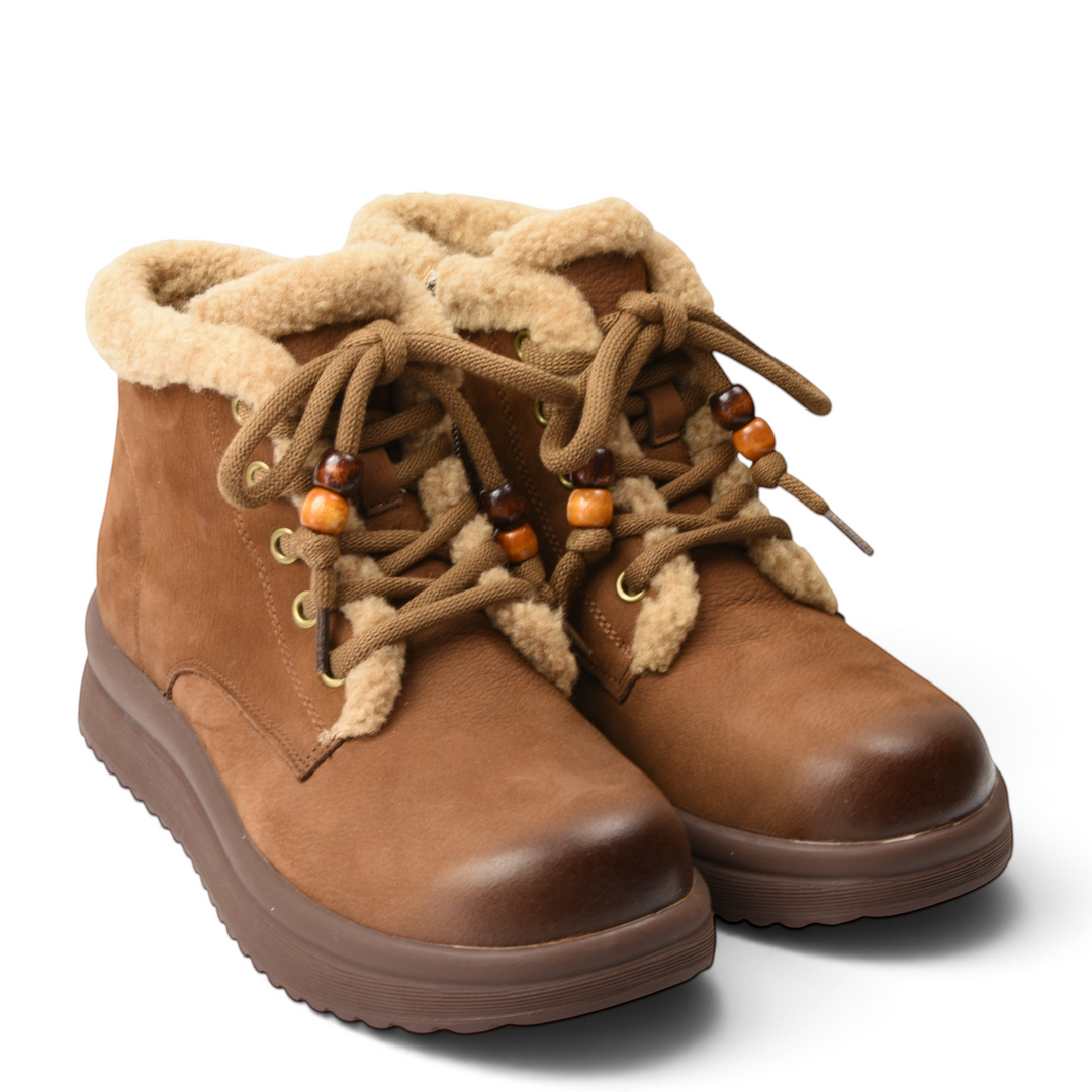 ada-shoes.ro brown suede ankle boots with soft faux fur lining, lace-up closure, and decorative wooden beads.