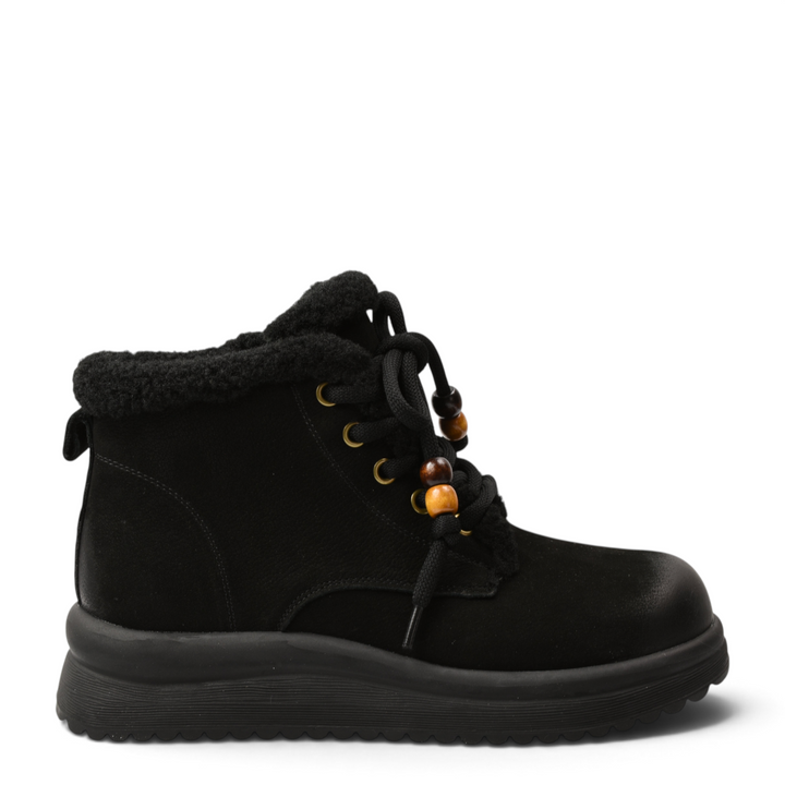 ada-shoes.ro black suede ankle boots with faux fur collar, wooden bead details on laces, and thick flexible sole.