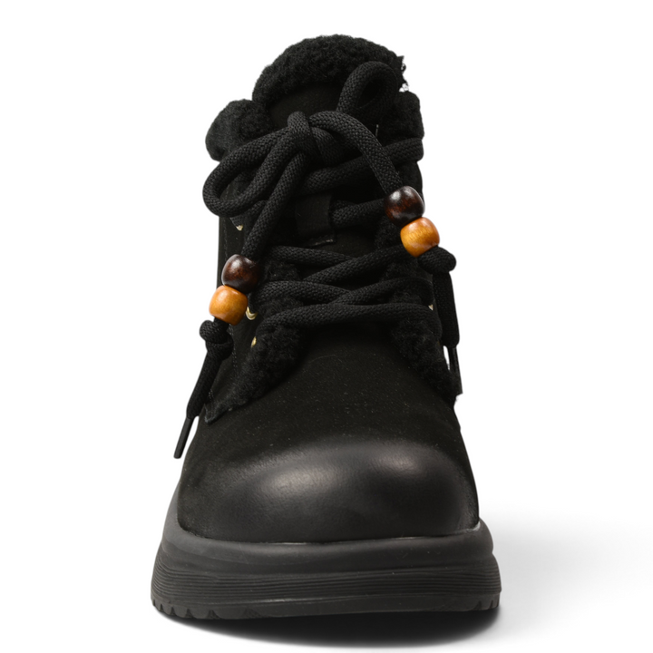 ada-shoes.ro black suede ankle boots with faux fur collar, wooden bead details on laces, and thick flexible sole.