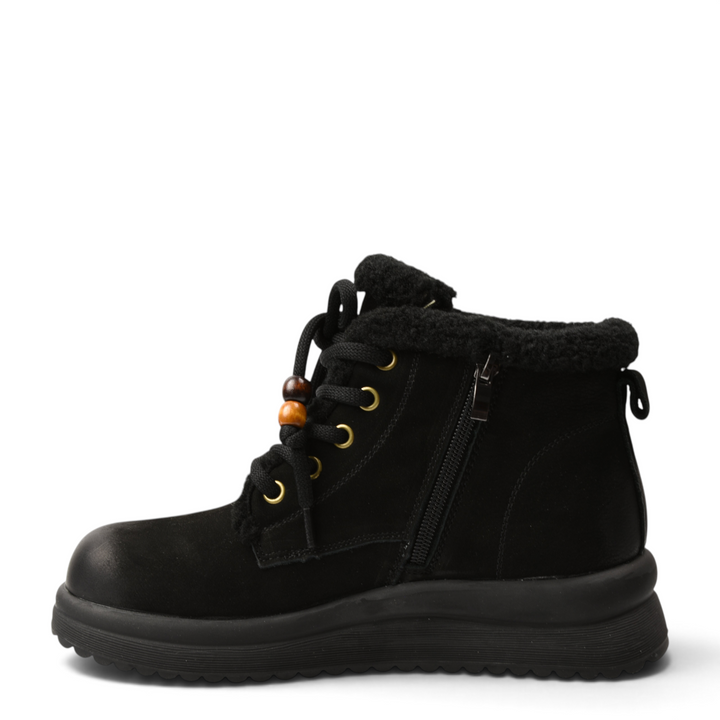 ada-shoes.ro black suede ankle boots with faux fur collar, wooden bead details on laces, and thick rubber sole
