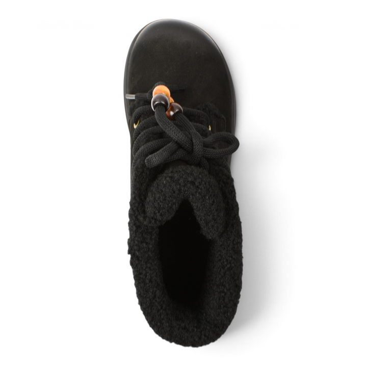 ada-shoes.ro black suede ankle boots with faux fur lining and decorative wooden beads on laces, top-down view