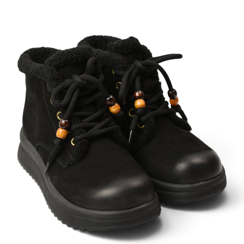 ada-shoes.ro black suede ankle boots with faux fur collar, lace-up closure, and decorative wooden beads