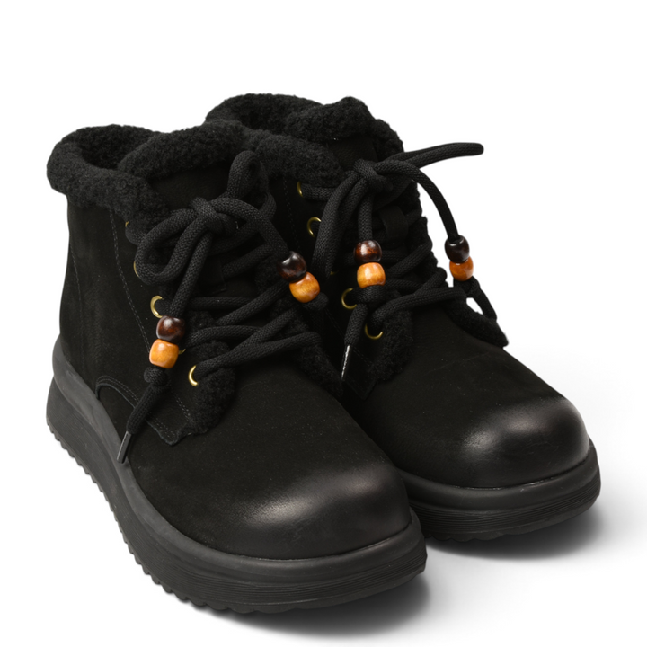 ada-shoes.ro black suede ankle boots with faux fur collar, lace-up closure, and decorative wooden beads