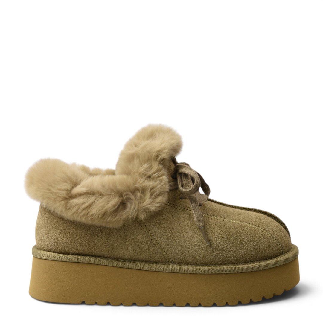 ada-shoes.ro beige suede platform ankle boots with fluffy faux fur collar and lace-up closure for women