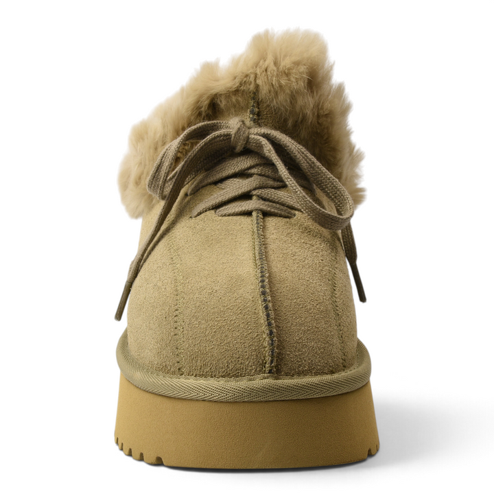 ada-shoes.ro beige suede ankle boots with fluffy fur collar, thick platform sole, and lace-up closure