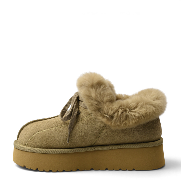 ada-shoes.ro beige suede platform ankle boots with fluffy faux fur collar and lace-up closure for women