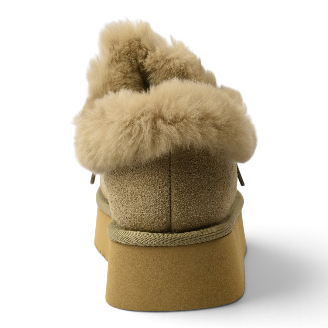 ada-shoes.ro beige suede ankle boots with fluffy fur collar and thick platform sole, back view
