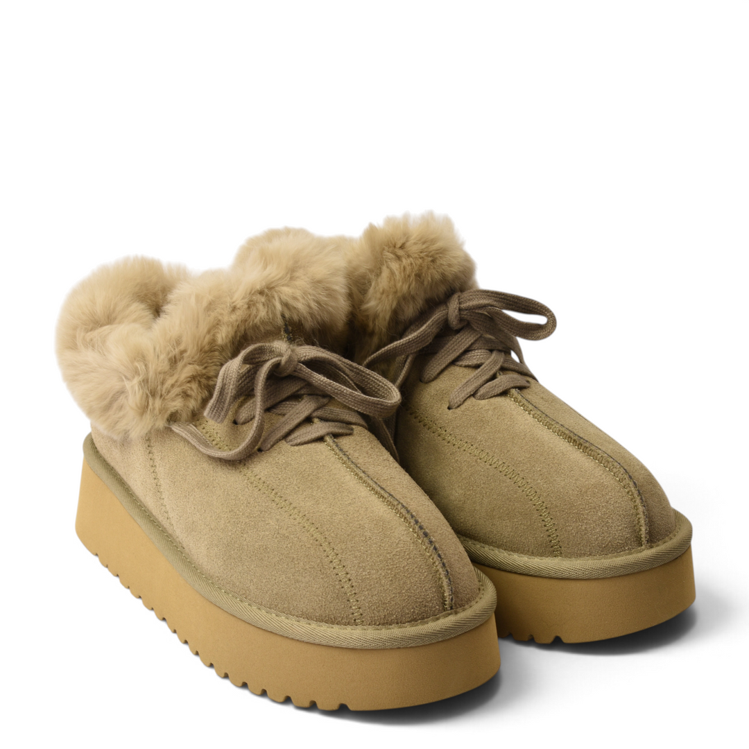 ada-shoes.ro beige suede platform ankle boots with fluffy fur lining and lace-up closure for winter comfort
