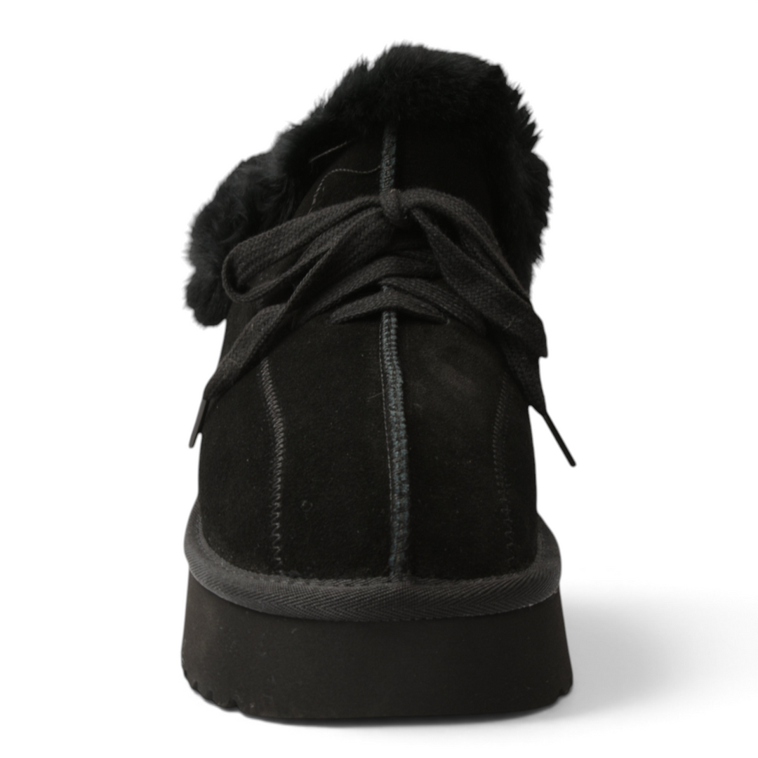 ada-shoes.ro black suede ankle boots with fluffy fur collar, thick platform sole, and lace-up closure
