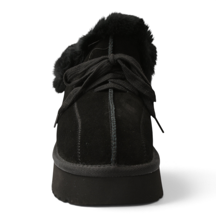 ada-shoes.ro black suede ankle boots with fluffy fur collar, thick platform sole, and lace-up closure