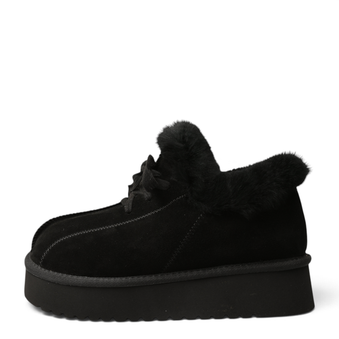 ada-shoes.ro black suede platform ankle boots with soft faux fur trim and lace-up closure for casual winter wear