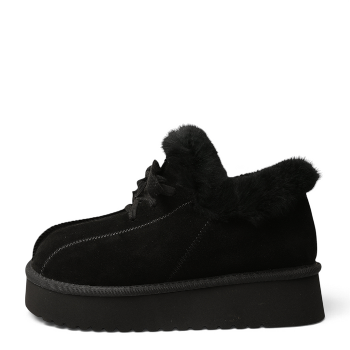 ada-shoes.ro black suede platform ankle boots with soft faux fur trim and lace-up closure for casual winter wear