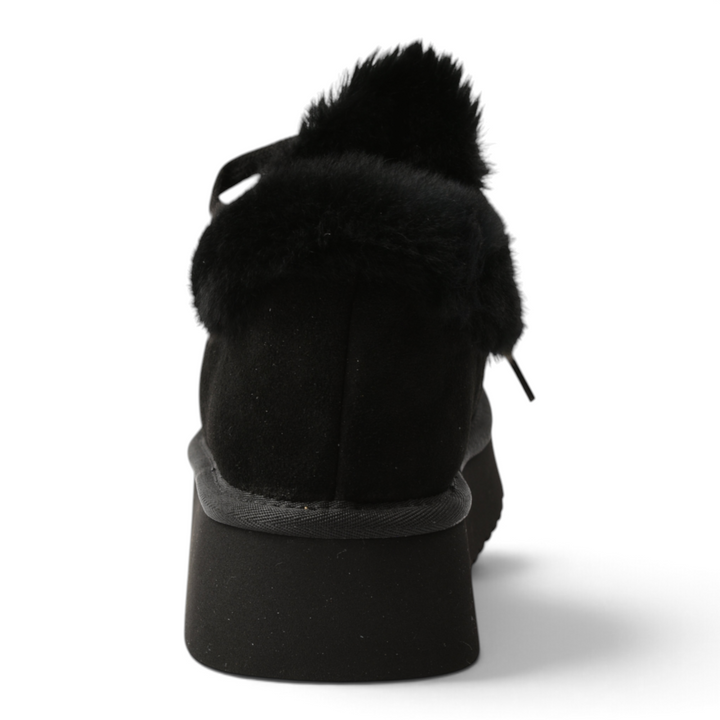 ada-shoes.ro black suede ankle boots with fluffy fur collar and thick platform sole, rear view