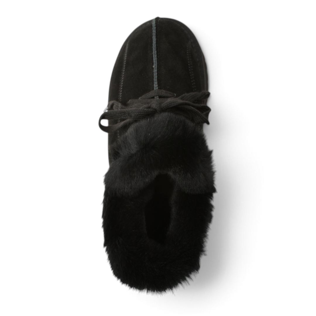 ada-shoes.ro black suede ankle boots with fluffy fur lining and lace-up closure, top-down view