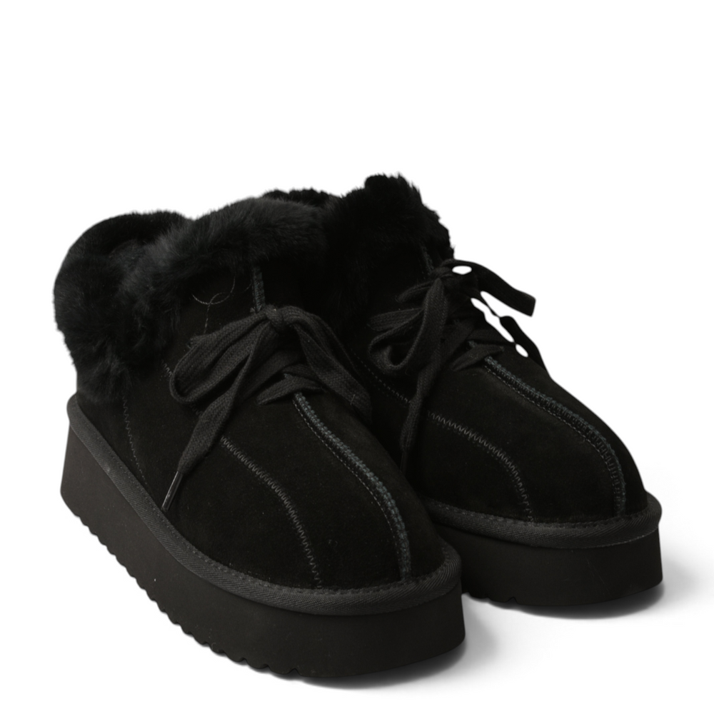 ada-shoes.ro black suede ankle boots with fluffy faux fur collar and thick platform sole, featuring lace-up closure