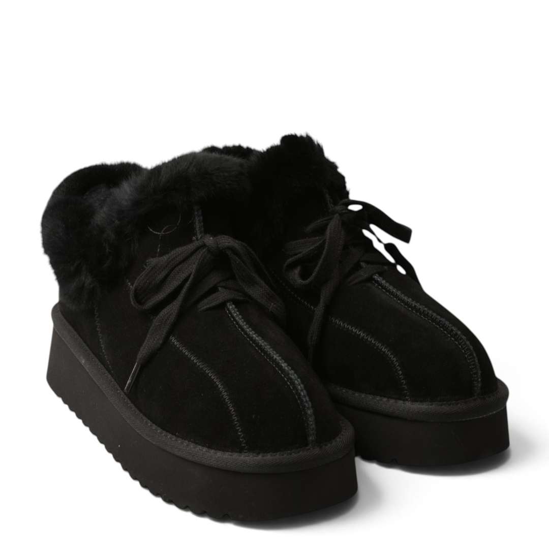 ada-shoes.ro black suede ankle boots with fluffy faux fur collar and thick platform sole, featuring lace-up closure
