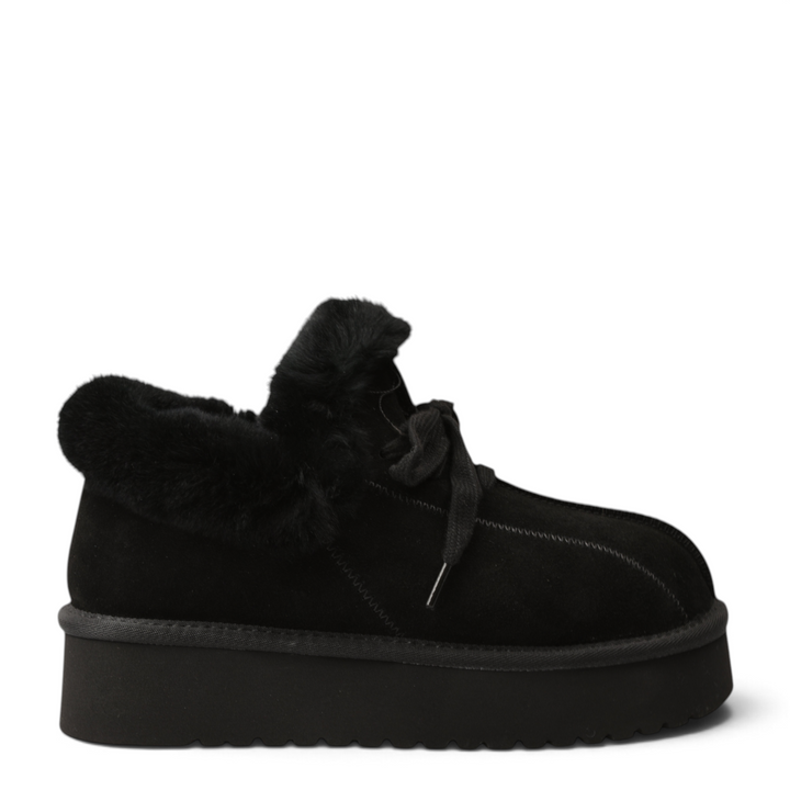 ada-shoes.ro black suede ankle boots with fluffy faux fur collar, thick platform sole, and lace-up closure