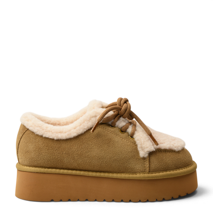 ada-shoes.ro brown suede platform ankle boots with cream faux fur lining and brown laces, side view