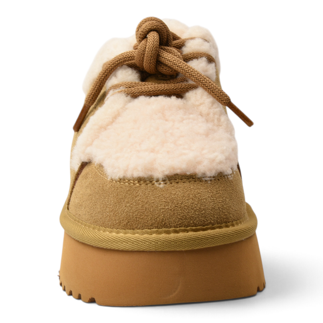 ada-shoes.ro brown suede ankle boots with cream faux fur lining, platform sole, and lace-up closure