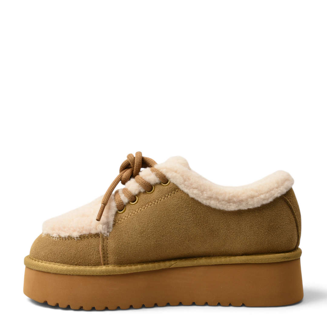ada-shoes.ro brown suede platform ankle boots with cream faux fur lining and lace-up closure, side view