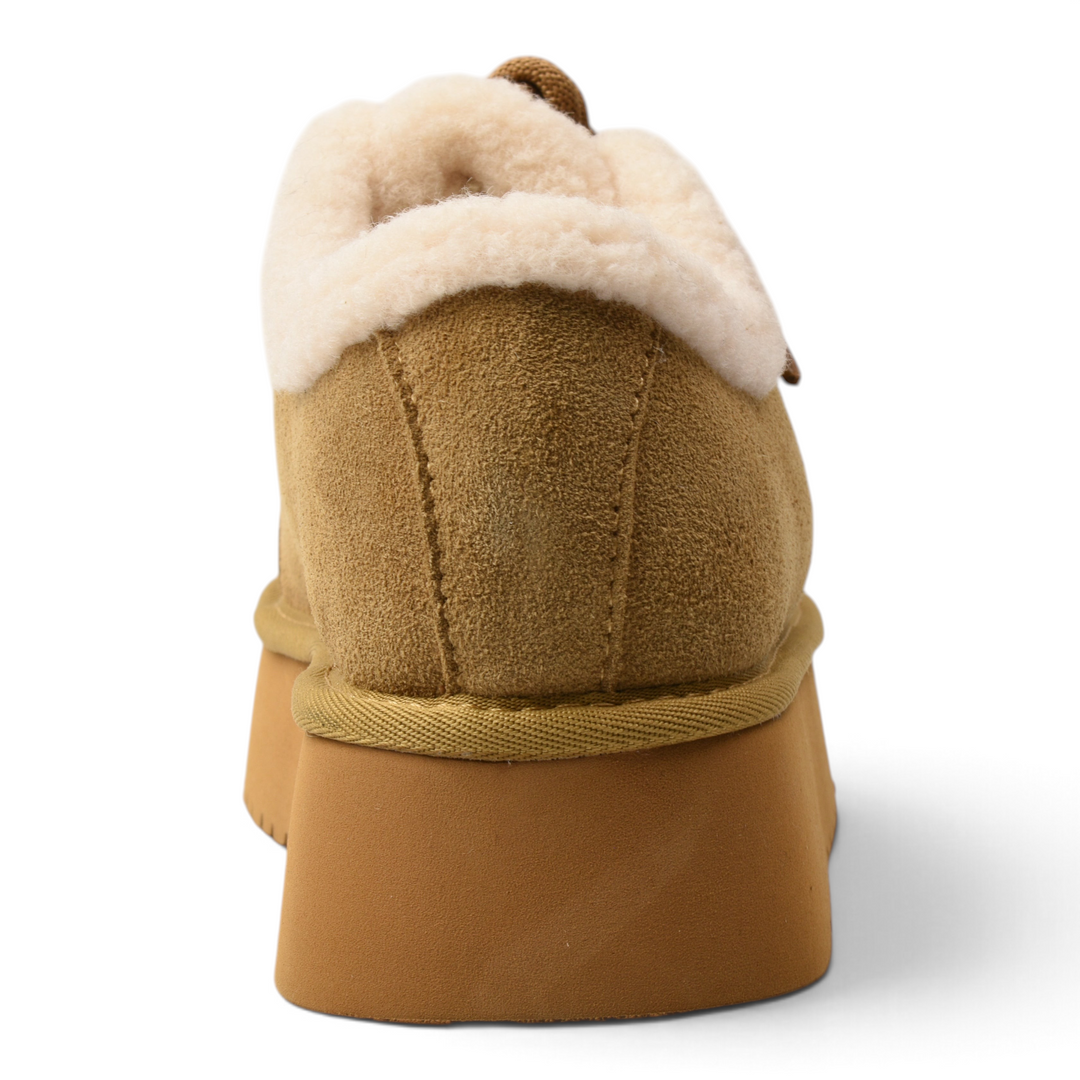 ada-shoes.ro brown suede ankle boots with cream faux fur lining and thick platform sole, rear view