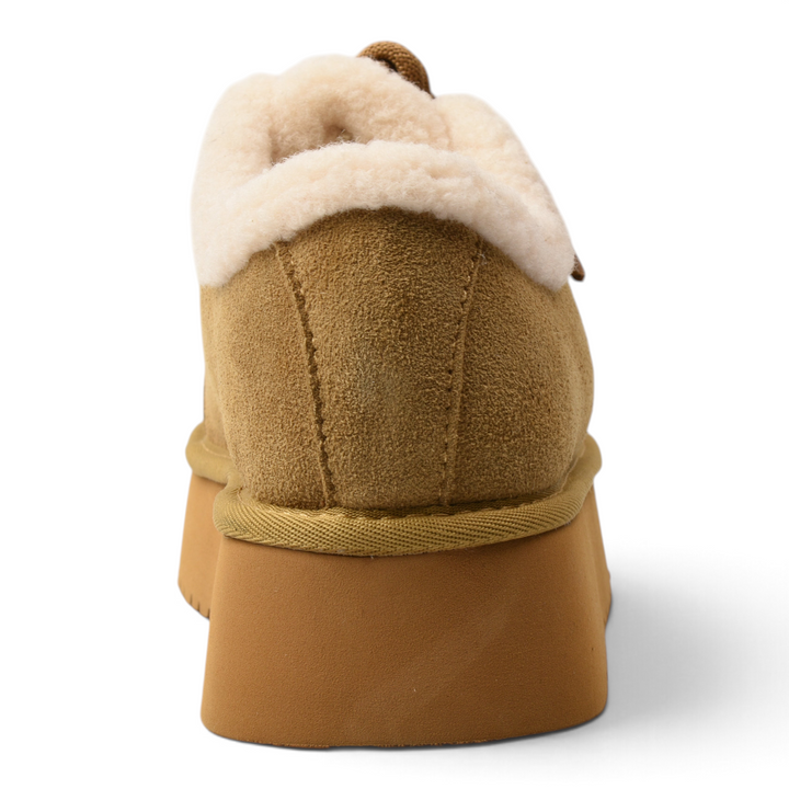 ada-shoes.ro brown suede ankle boots with cream faux fur lining and thick platform sole, rear view