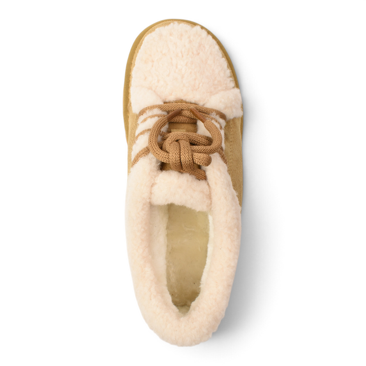 ada-shoes.ro brown suede ankle boots with cream faux fur lining and laces, top-down view